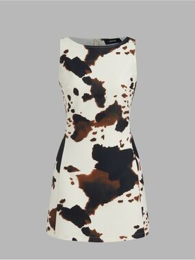Cream Dress with Black and Rust Brown BOAT NECK LEOPARD PRINT ZIPPER MINI DRESS